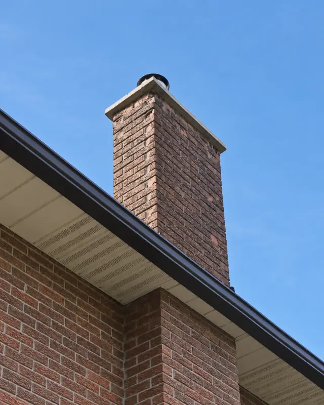 Brick chimney with a concrete cap and flue rising above the roof
