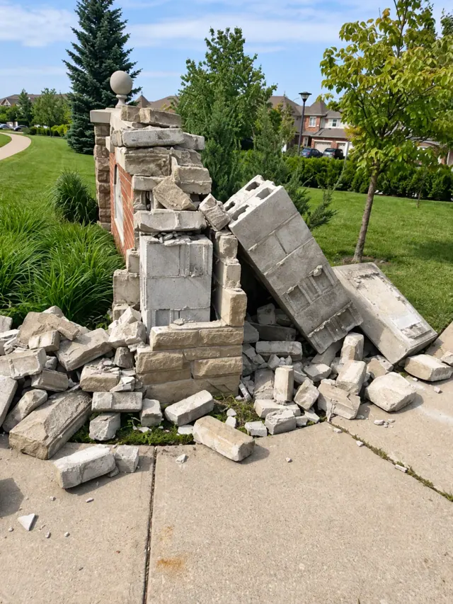Collapsed stone entrance pillar with exposed concrete blocks and rubble on the path